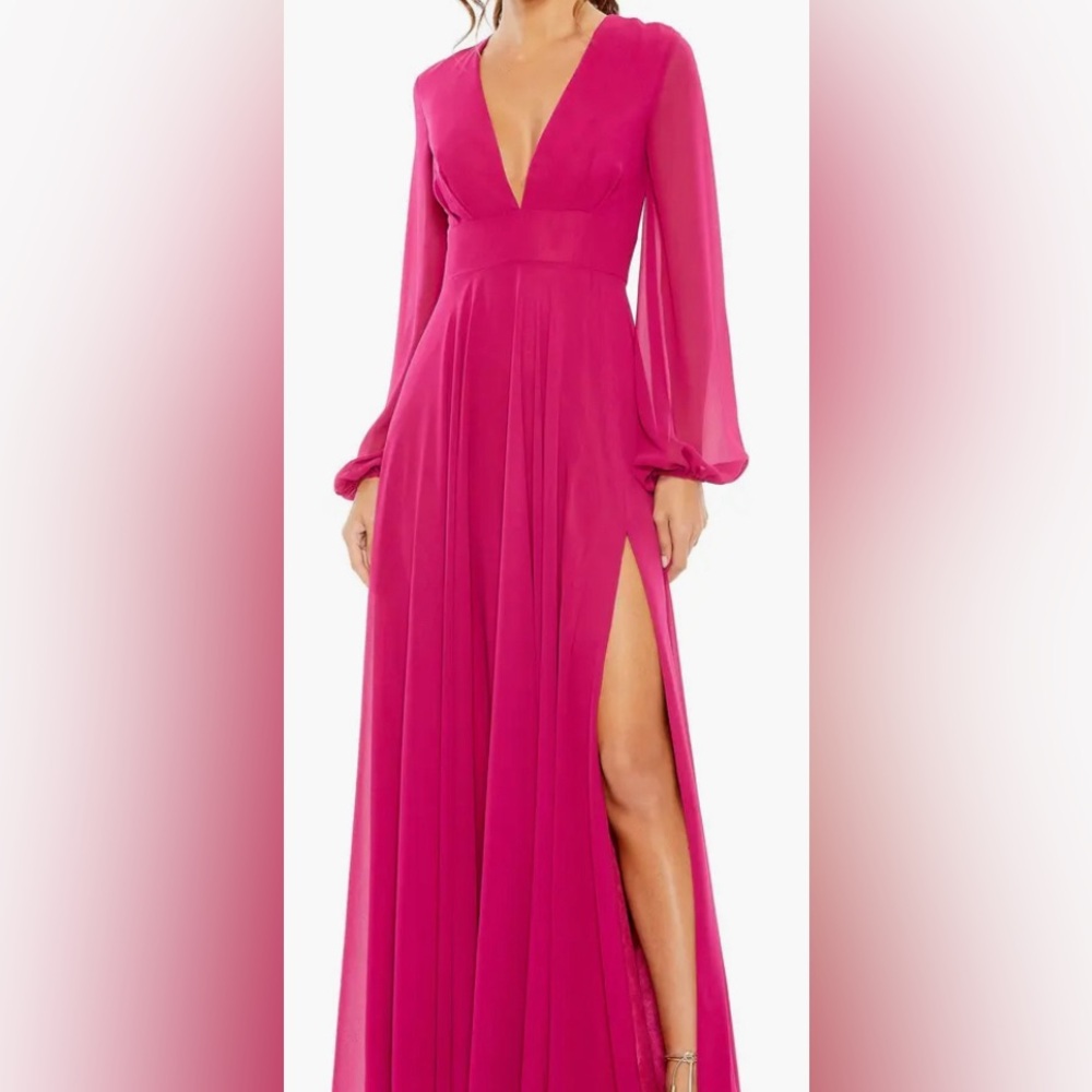 Mac Duggal full length, elegant v neck gown with long sleeves